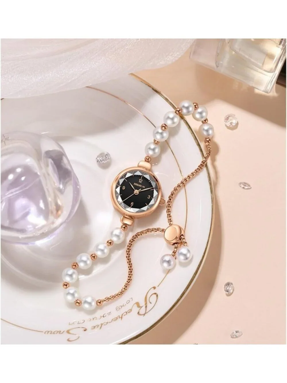 Women's Black Analog Quartz Adjustable Slider Clasp Pearl Bracelet Wrist Watch